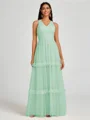 A-line V-neck Pleated Floor-Length Tulle Bridesmaid Dress