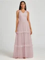 A-line V-neck Pleated Floor-Length Tulle Bridesmaid Dress