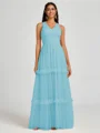 A-line V-neck Pleated Floor-Length Tulle Bridesmaid Dress