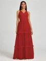 A-line V-neck Pleated Floor-Length Tulle Bridesmaid Dress