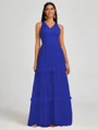 A-line V-neck Pleated Floor-Length Tulle Bridesmaid Dress