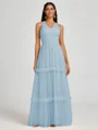 A-line V-neck Pleated Floor-Length Tulle Bridesmaid Dress