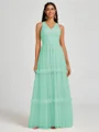 A-line V-neck Pleated Floor-Length Tulle Bridesmaid Dress