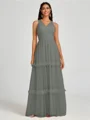 A-line V-neck Pleated Floor-Length Tulle Bridesmaid Dress
