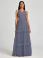 A-line V-neck Pleated Floor-Length Tulle Bridesmaid Dress