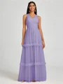 A-line V-neck Pleated Floor-Length Tulle Bridesmaid Dress