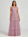 A-line V-neck Pleated Floor-Length Tulle Bridesmaid Dress