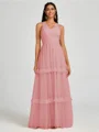 A-line V-neck Pleated Floor-Length Tulle Bridesmaid Dress