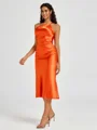 Sheath One-Shoulder Tea-Length Silk Like Satin Bridesmaid Dress