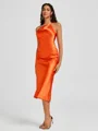 Sheath One-Shoulder Tea-Length Silk Like Satin Bridesmaid Dress