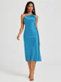Sheath One-Shoulder Tea-Length Silk Like Satin Bridesmaid Dress
