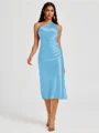 Sheath One-Shoulder Tea-Length Silk Like Satin Bridesmaid Dress