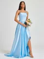 A-line Spaghetti Straps Pleated Sweep Train Silk Like Satin Bridesmaid Dress