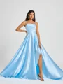 A-line Spaghetti Straps Pleated Sweep Train Silk Like Satin Bridesmaid Dress