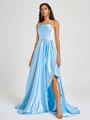 A-line Spaghetti Straps Pleated Sweep Train Silk Like Satin Bridesmaid Dress