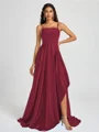 A-line Spaghetti Straps Pleated Sweep Train Silk Like Satin Bridesmaid Dress