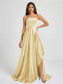 A-line Spaghetti Straps Pleated Sweep Train Silk Like Satin Bridesmaid Dress