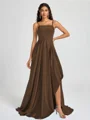 A-line Spaghetti Straps Pleated Sweep Train Silk Like Satin Bridesmaid Dress