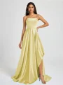 A-line Spaghetti Straps Pleated Sweep Train Silk Like Satin Bridesmaid Dress