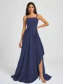 A-line Spaghetti Straps Pleated Sweep Train Silk Like Satin Bridesmaid Dress