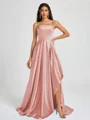 A-line Spaghetti Straps Pleated Sweep Train Silk Like Satin Bridesmaid Dress