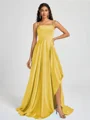 A-line Spaghetti Straps Pleated Sweep Train Silk Like Satin Bridesmaid Dress