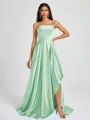 A-line Spaghetti Straps Pleated Sweep Train Silk Like Satin Bridesmaid Dress