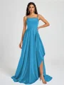 A-line Spaghetti Straps Pleated Sweep Train Silk Like Satin Bridesmaid Dress