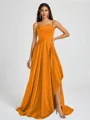 A-line Spaghetti Straps Pleated Sweep Train Silk Like Satin Bridesmaid Dress