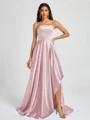 A-line Spaghetti Straps Pleated Sweep Train Silk Like Satin Bridesmaid Dress