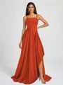 A-line Spaghetti Straps Pleated Sweep Train Silk Like Satin Bridesmaid Dress