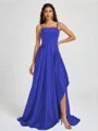 A-line Spaghetti Straps Pleated Sweep Train Silk Like Satin Bridesmaid Dress