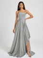 A-line Spaghetti Straps Pleated Sweep Train Silk Like Satin Bridesmaid Dress