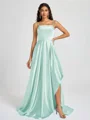 A-line Spaghetti Straps Pleated Sweep Train Silk Like Satin Bridesmaid Dress
