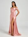 Sheath Cold Shoulder Pleated Sweep Train Silk Like Satin Corset Bridesmaid Dress