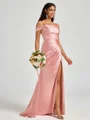 Sheath Cold Shoulder Pleated Sweep Train Silk Like Satin Corset Bridesmaid Dress
