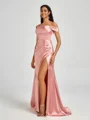 Sheath Cold Shoulder Pleated Sweep Train Silk Like Satin Corset Bridesmaid Dress