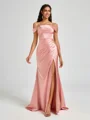 Sheath Cold Shoulder Pleated Sweep Train Silk Like Satin Corset Bridesmaid Dress
