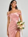 Sheath Cold Shoulder Pleated Sweep Train Silk Like Satin Corset Bridesmaid Dress