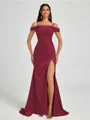 Sheath Cold Shoulder Pleated Sweep Train Silk Like Satin Corset Bridesmaid Dress