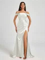Sheath Cold Shoulder Pleated Sweep Train Silk Like Satin Corset Bridesmaid Dress