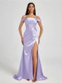 Sheath Cold Shoulder Pleated Sweep Train Silk Like Satin Corset Bridesmaid Dress