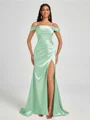 Sheath Cold Shoulder Pleated Sweep Train Silk Like Satin Corset Bridesmaid Dress