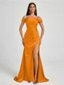 Sheath Cold Shoulder Pleated Sweep Train Silk Like Satin Corset Bridesmaid Dress