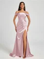 Sheath Cold Shoulder Pleated Sweep Train Silk Like Satin Corset Bridesmaid Dress