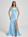 Sheath Cold Shoulder Pleated Sweep Train Silk Like Satin Corset Bridesmaid Dress