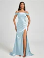 Sheath Cold Shoulder Pleated Sweep Train Silk Like Satin Corset Bridesmaid Dress