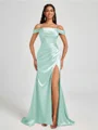 Sheath Cold Shoulder Pleated Sweep Train Silk Like Satin Corset Bridesmaid Dress