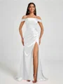 Sheath Cold Shoulder Pleated Sweep Train Silk Like Satin Corset Bridesmaid Dress