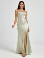 Sheath Spaghetti Straps Pleated Floor-Length Silk Like Satin Corset Bridesmaid Dress